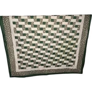 Vintage Quilt Optical Geometric Green and Blue 61x94 Check Chain Handmade